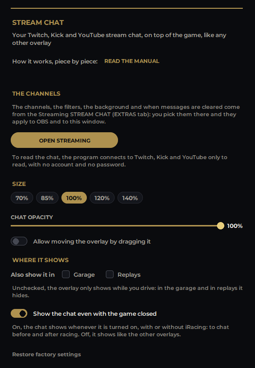 The settings, in the menu