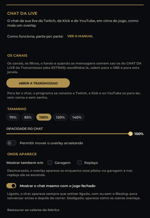 Os ajustes, no menu