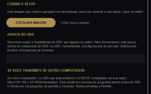 Aba EXTRAS: capa e avisos do OBS