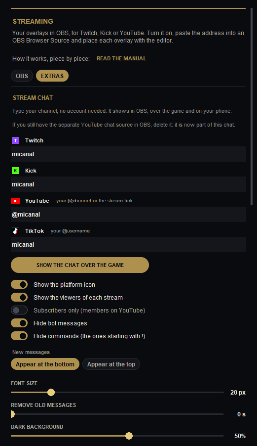 EXTRAS tab: the stream chat