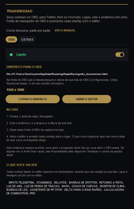 A janela TRANSMISSÃO, aba OBS