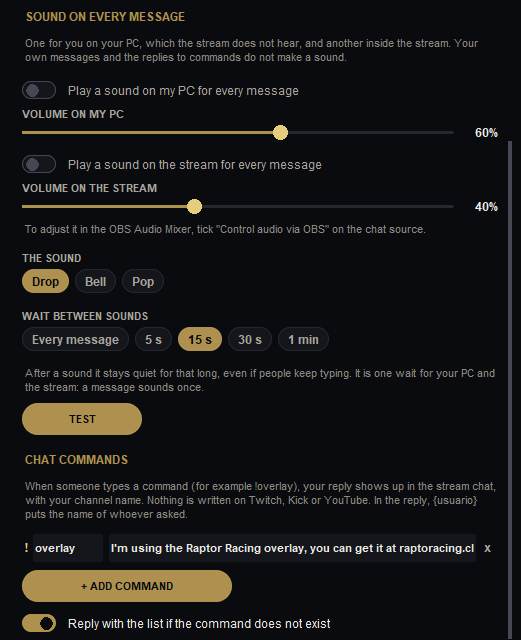 EXTRAS tab: sound and commands