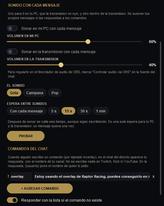 Solapa EXTRAS: sonido y comandos