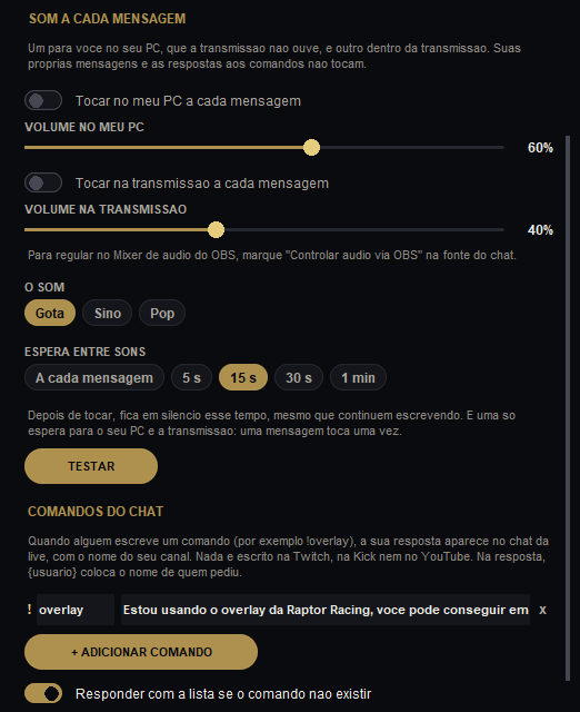 Aba EXTRAS: som e comandos